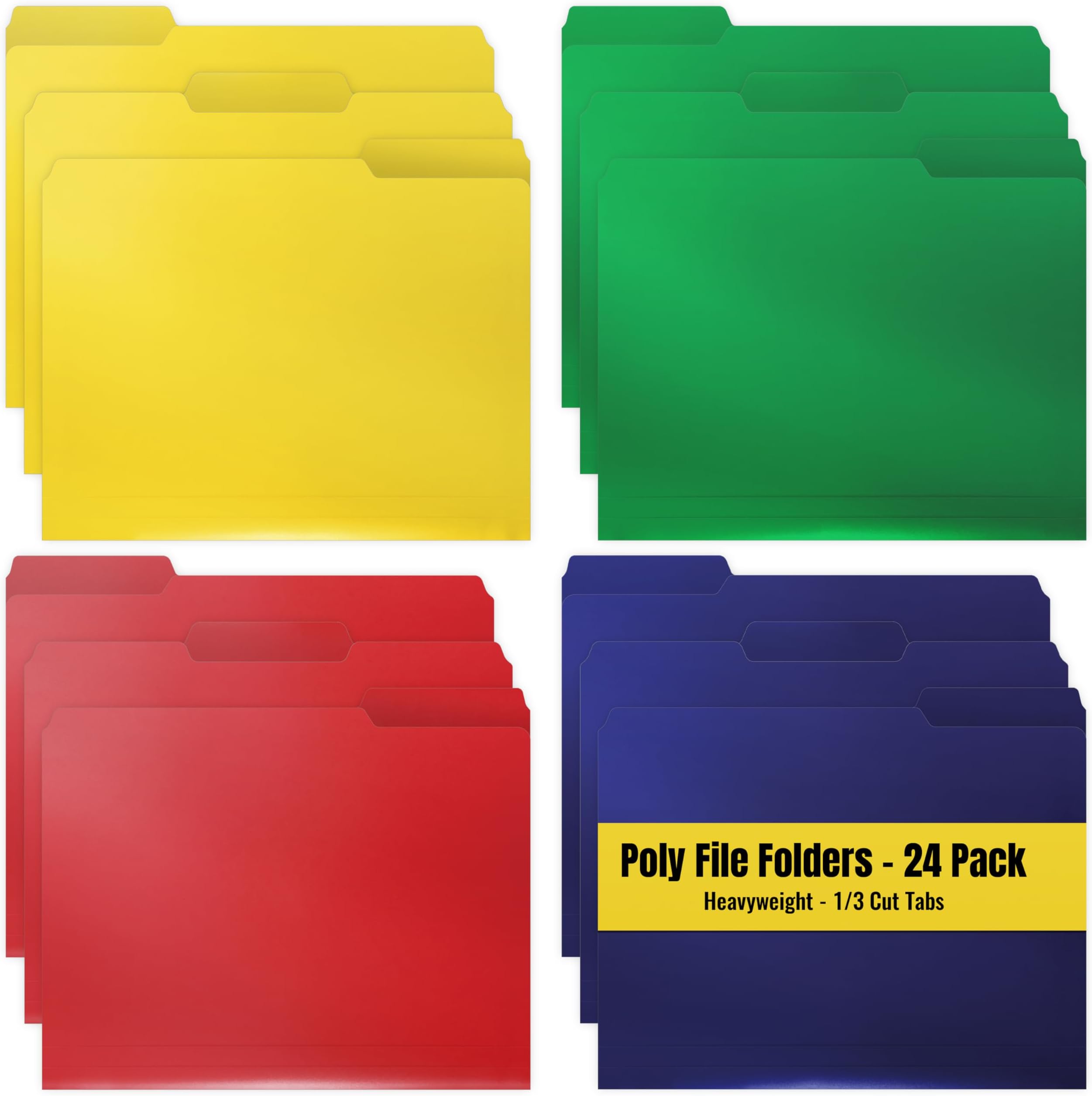 Better Office Products Heavyweight Poly File Folders, 1/3 Cut, Top Tab, 24 Per Box, Letter Size, Assorted Colors-Red, Blue, Yellow Green, 24 per Box