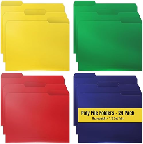 Better Office Products - Carpetas de archivos de polietileno pesadas, corte de 13, pestaña superior, 24 por caja, tamaño carta, colores surtidos,