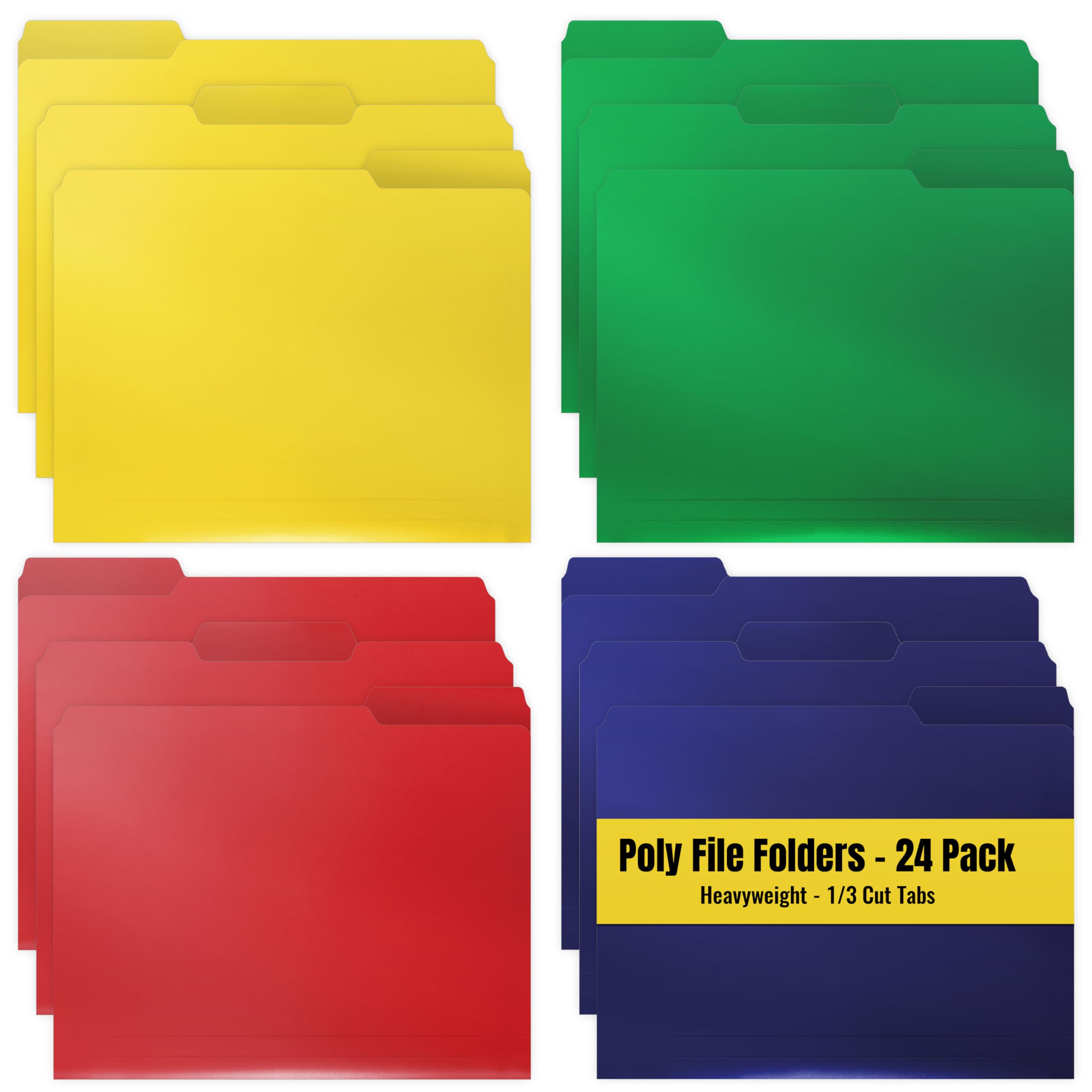 Heavyweight Poly File Folders, 1/3 Cut, Top Tab, 24 Per Box, Letter Size, Assorted Colors-Red, Blue, Yellow Green, 24 per Box