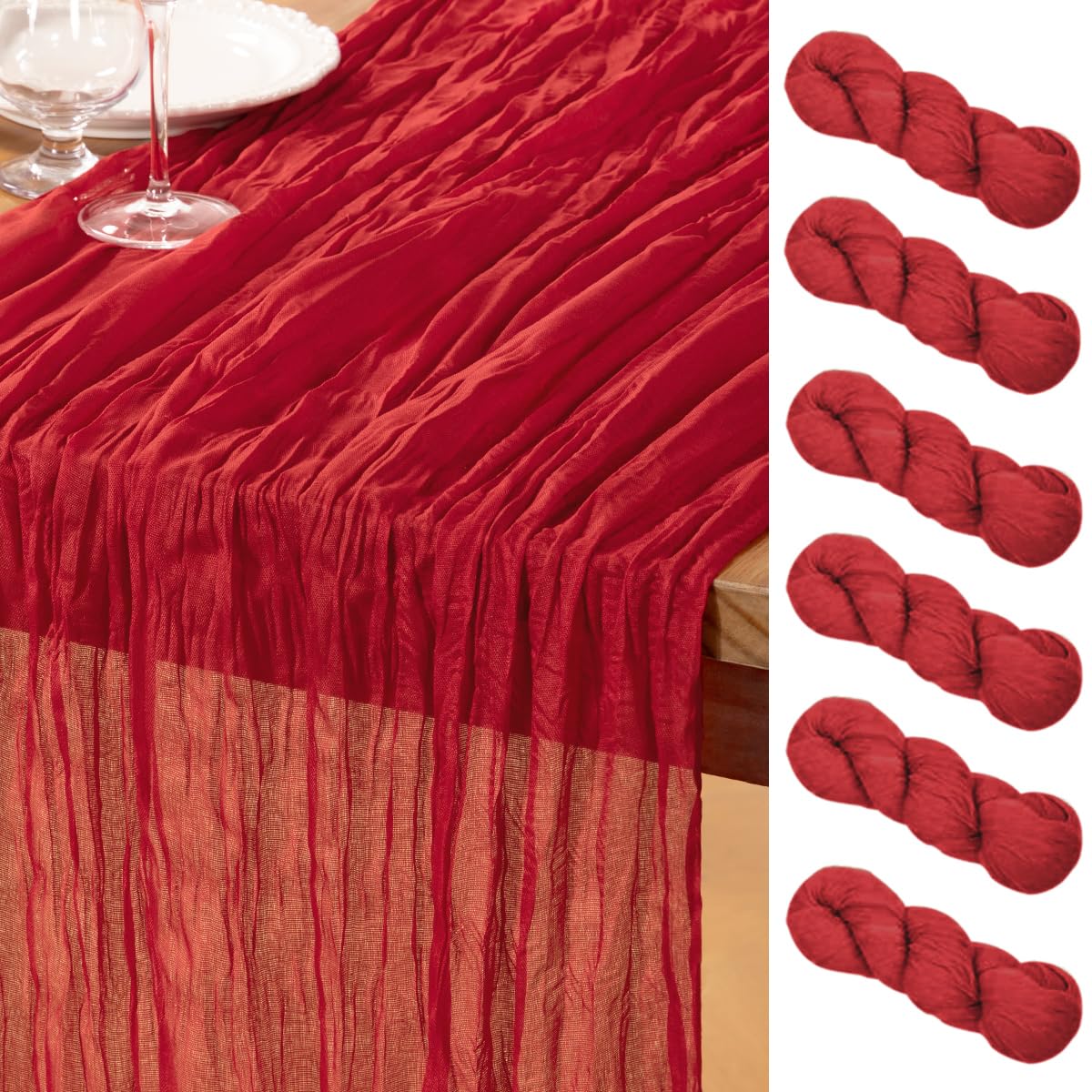 DeZerlor Red Cheesecloth Table Runner 6 Pack Summer Sheer Red Cheese Cloth Table Runners Boho Gauze 120 Inches Summer Table Decorations for Weddings Bridal Baby Shower Candlelight Dinner Decor โ image 1