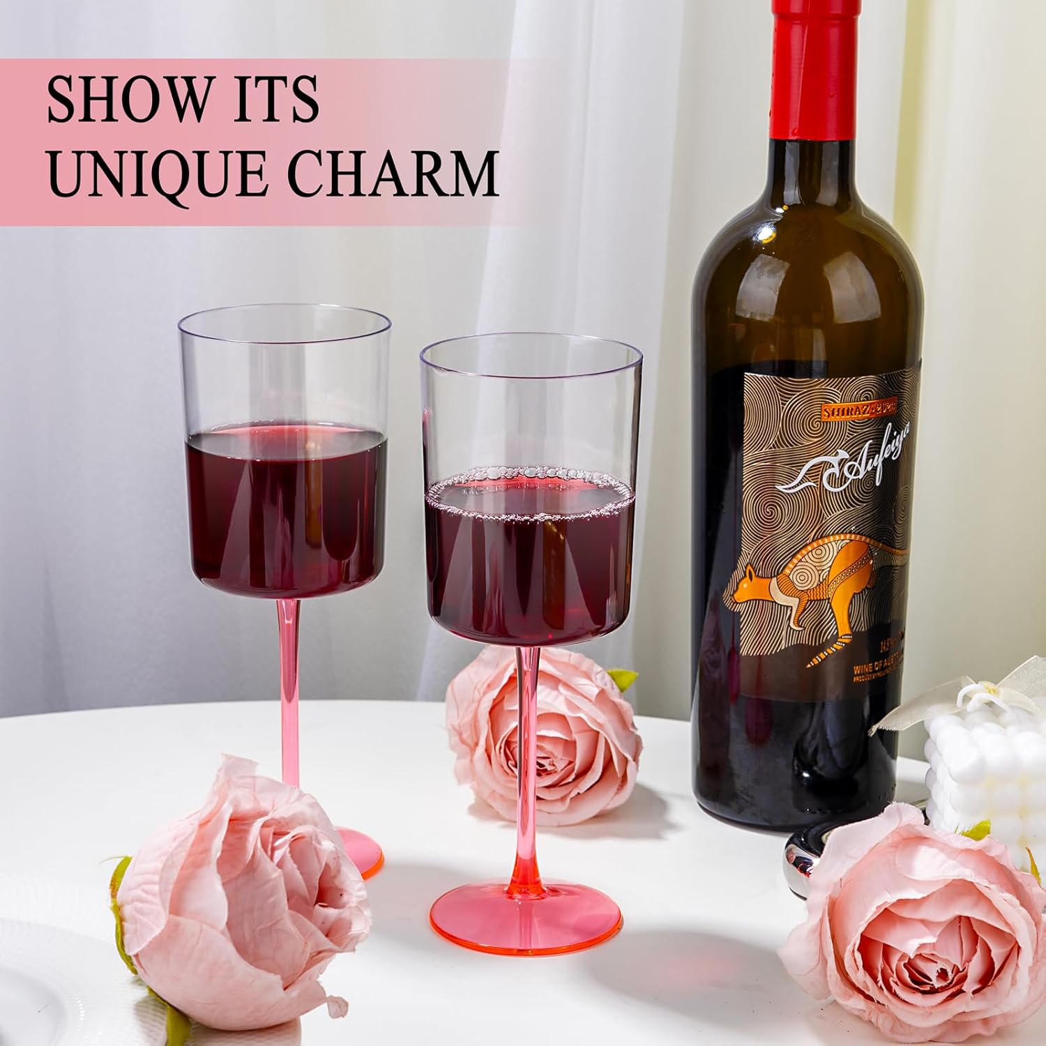 Ciaell 12 Pack 10 Oz Clear Plastic Wine Glasses with Pink Stem - Disposable Cocktail Goblets Perfect for Parties & Weddings & Poolside & Outdoors & Camping & Party & Valentine's Day