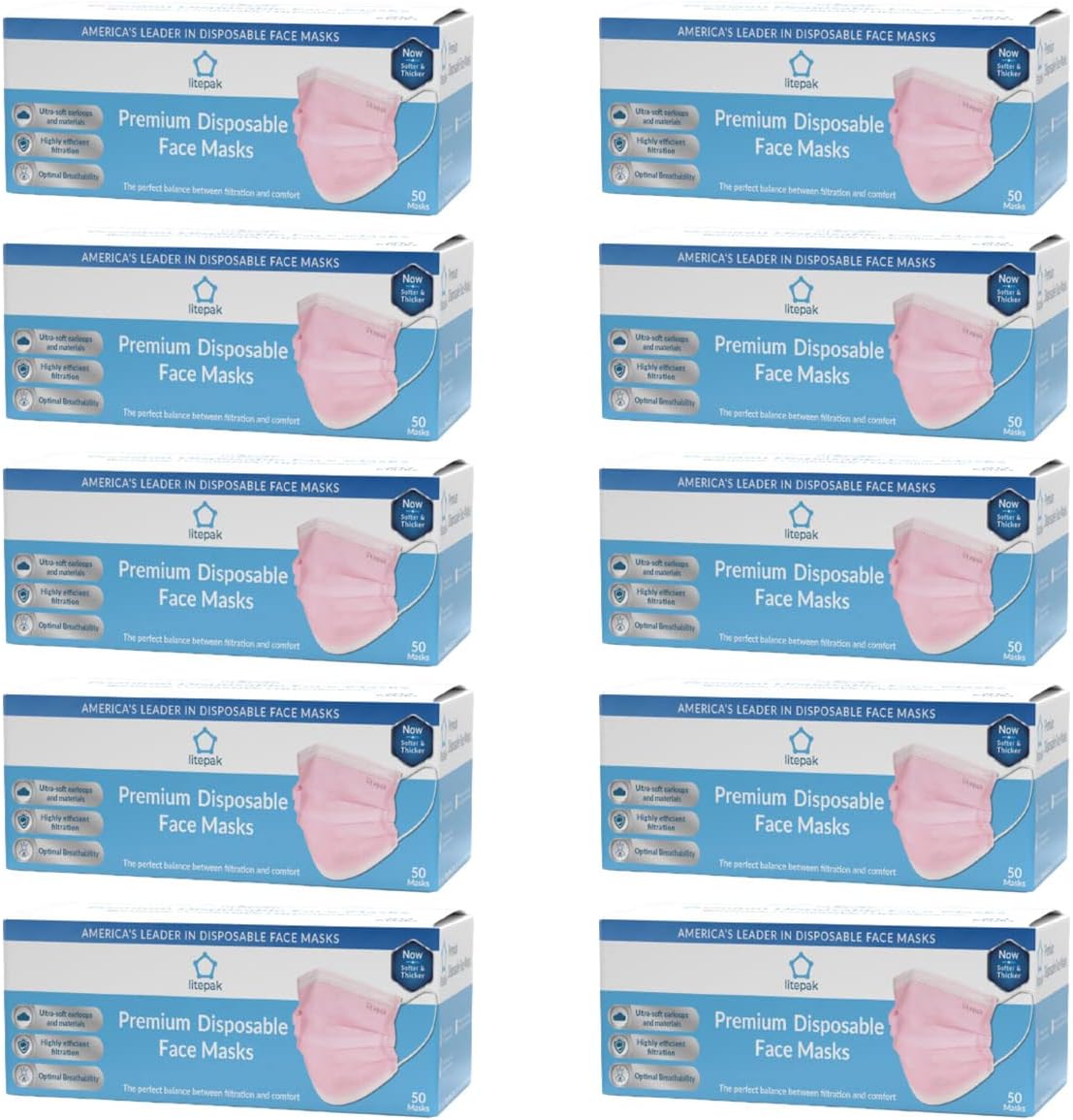 Litepak 500pcs Premium Disposable Face Mask SOFT 3ply Nose Wire