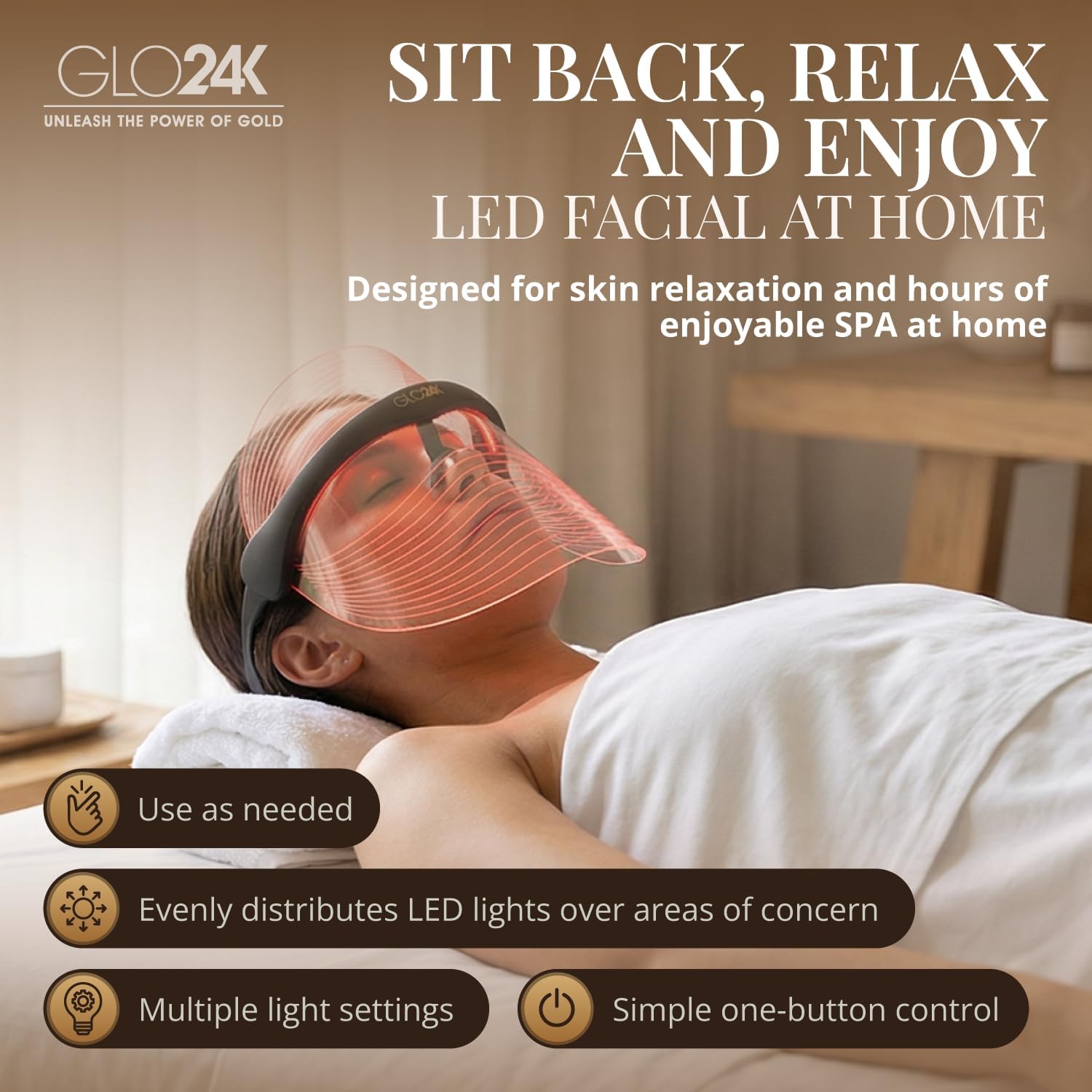 GLO24K Red Light Therapy Mask for Face – LED Face Mask Light Therapy with Red & 7 Color Modes, Rechargeable Portable Skincare Mask for at-Home Use