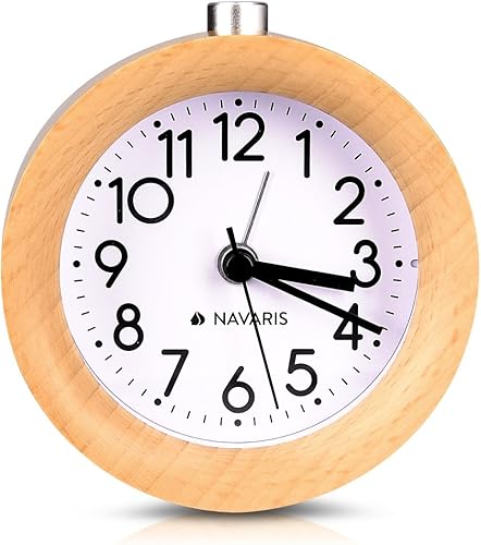 Miniatura 8 de Navaris Reloj despertador analógico de madera, redondo, funciona con pilas, sin tictac, con botón de repetición y luz, color marrón claro