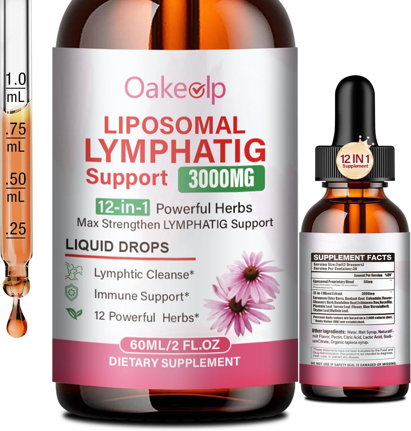 Extra Powerful 3000MG Liposomal Lymphatic Drainage Drops -12 in 1 Organic Lymphatic Drainage Supplement with Burdock Root, Echinacea, Elderberry, Calendula Flower,Mullein Etc for Supports Lymphatic