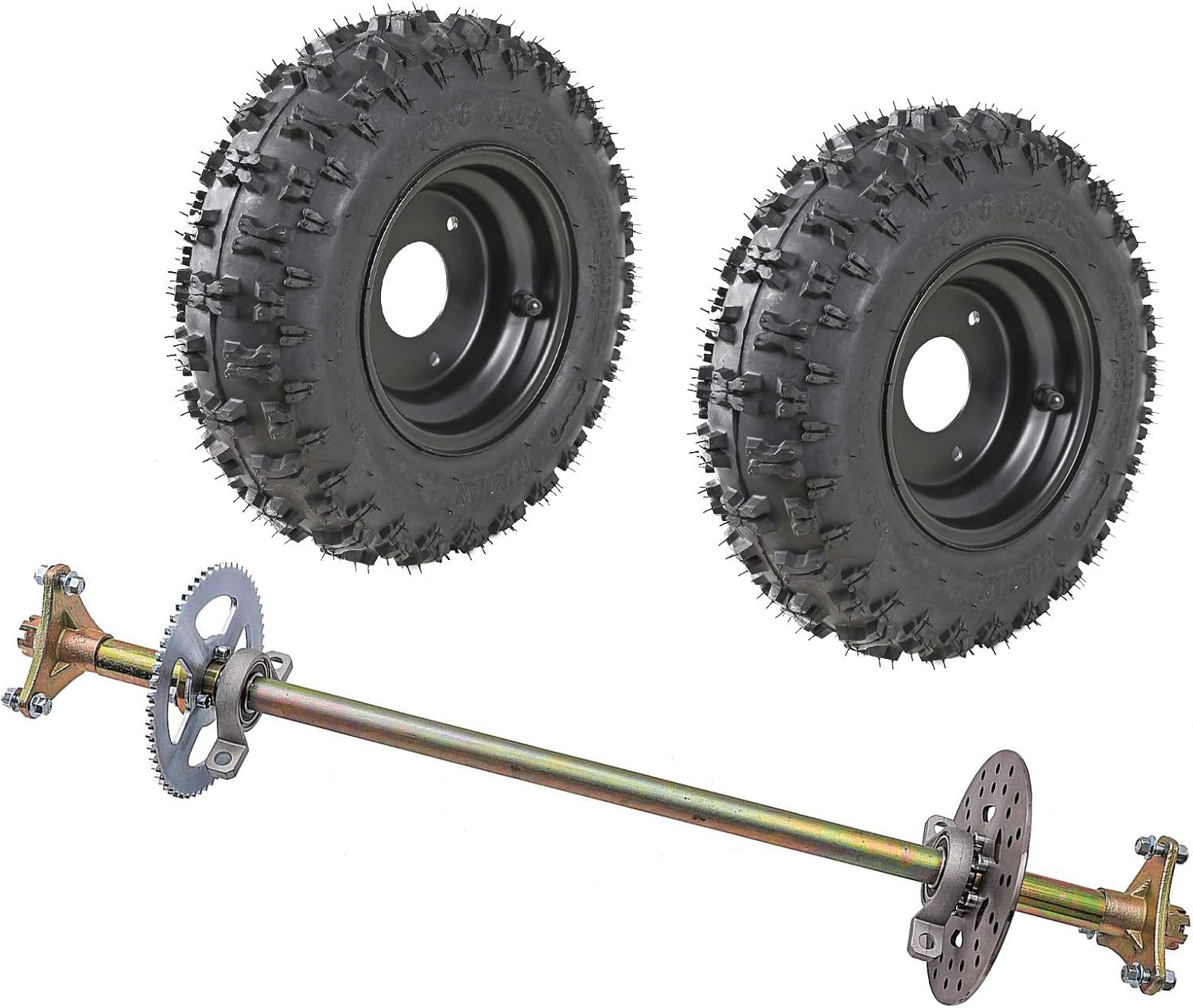 Rear Axle Shaft Assembly Kit with 4.1-6 Wheels Tires Rims and Sprocket Brake Disc Pillow Block for Go Kart Quad Trike Drift Bikes