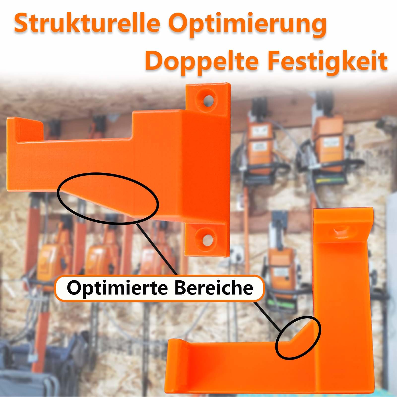 2 Stück Verstärkte Motorsägenhalter passend für Kettensägen (z. B. MS-Serie 170 180 211), Hochfeste Motorsägen Wandhalterung, Orange, Inkl. 4 Edelstahlschrauben