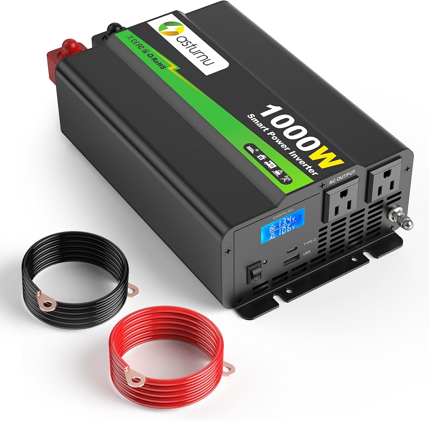 1000W Modified Sine Wave Power Inverter, 12V DC to 120V AC, 2 AC Outlets, 5V 2.1A USB & 30W Type-C Port,Intelligent LCD, Directly Connect to 12V Battery for Jobsite, RV, Truck, Off-Grid Solar