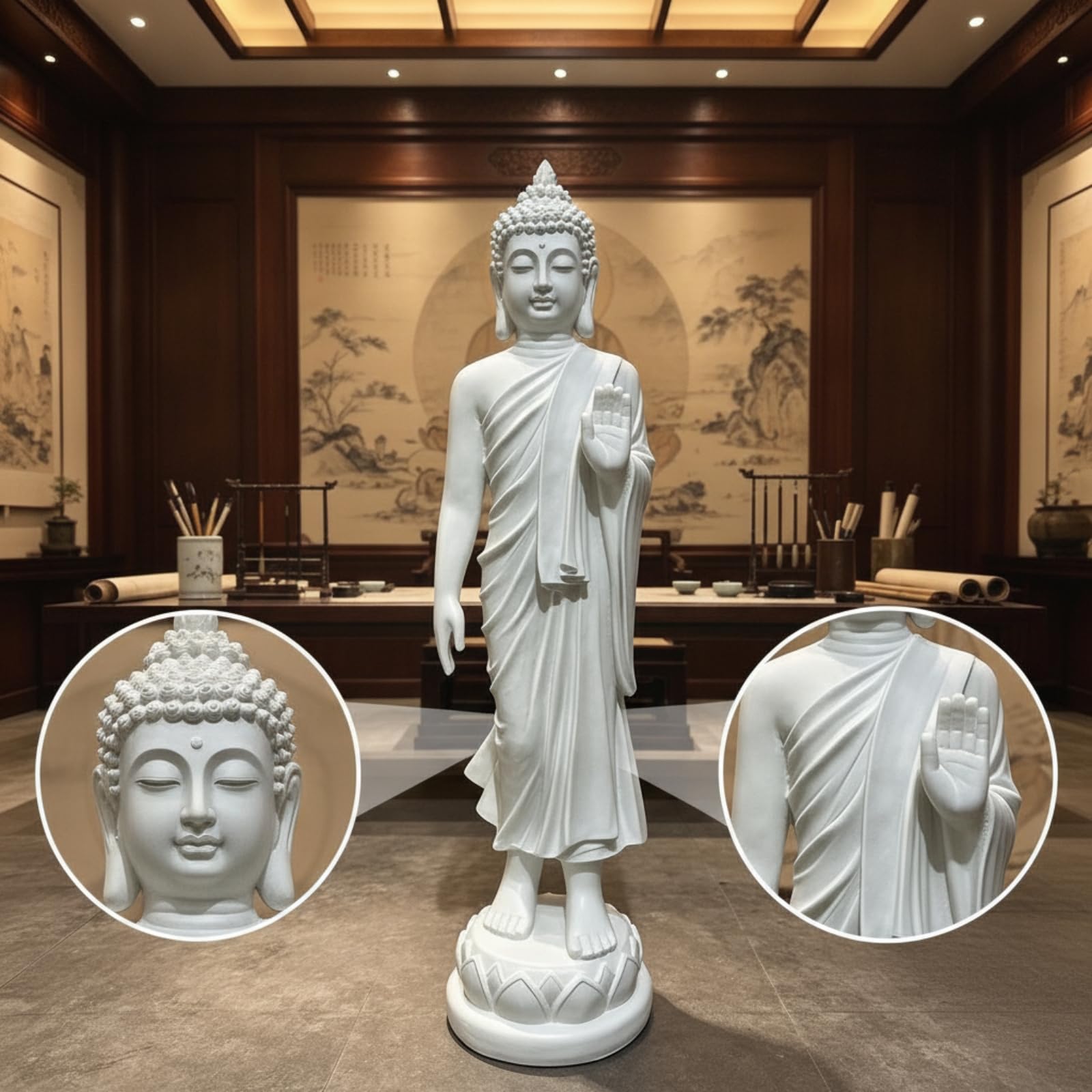 Buddha Statue Shakyamuni Figur Kunstfigur Skulptur aus Harz mit Ruhigem Ausdruck Detailliertem Faltenwurf Und Standfuß für Innenraum Dekoecke Gebetsbereich