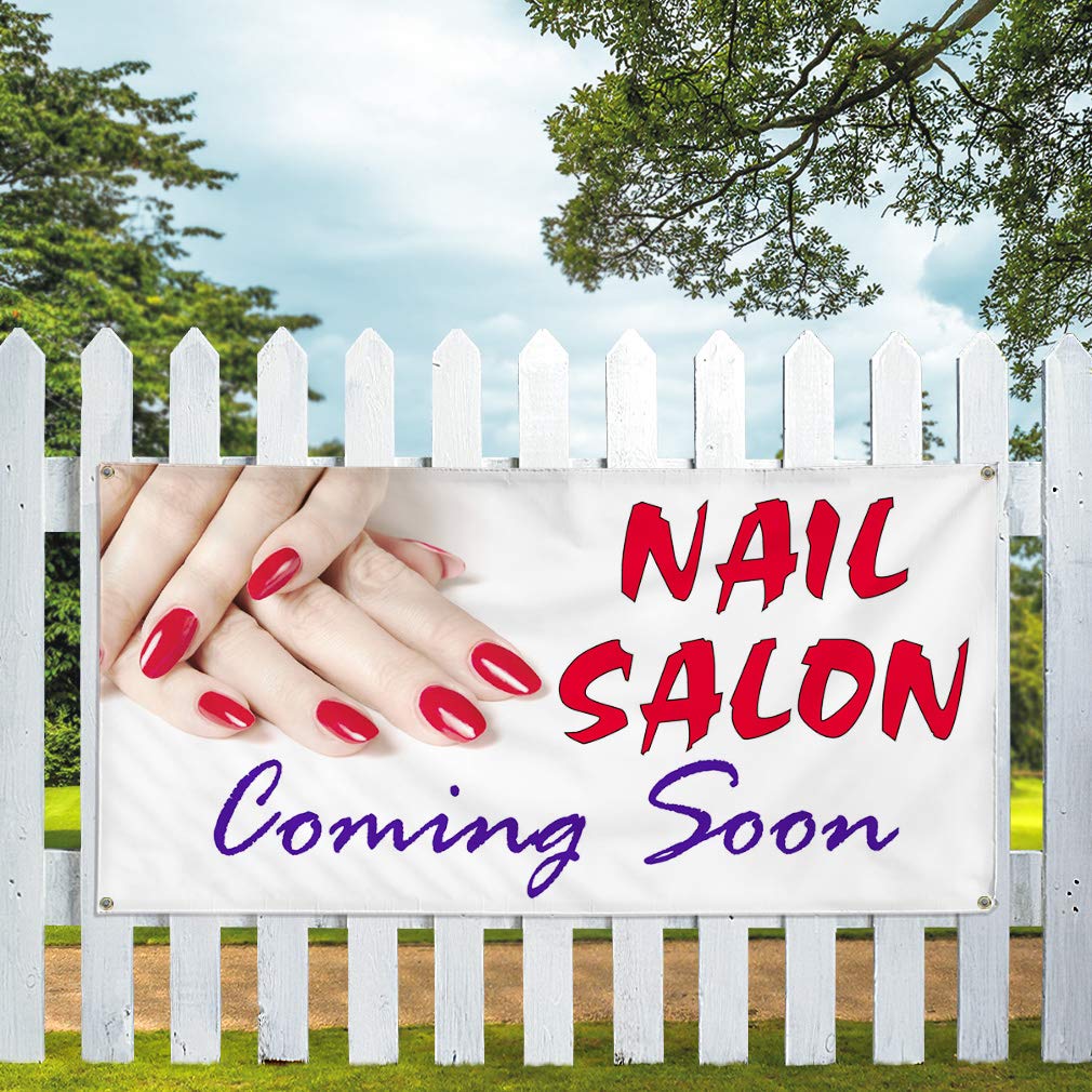 Cartel de vinilo para salón de uñas Coming Soon Business Outdoor Marketing Publicidad Blanco – 61 x 152 cm, 4 ojales, una pancarta