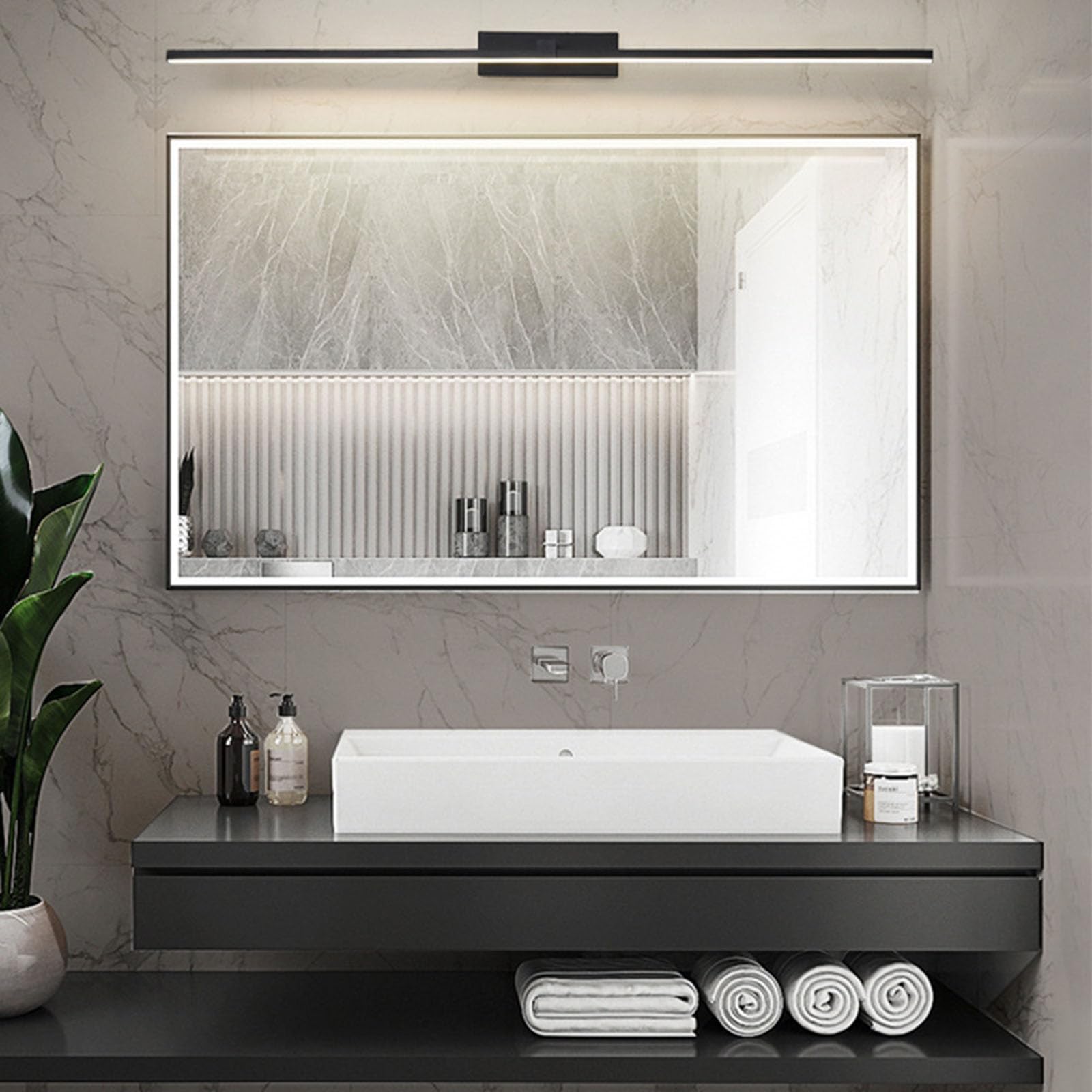 Innen Spiegellampen für Das Bad Wasserdicht Wandbeleuchtung Metall Moderne LED Wandleuchte Rechteck Aluminium Hintergrund Wandlampe FüR Schrank Badezimmer Leseleuchte (Schwarz + Warmes Licht,100cm)
