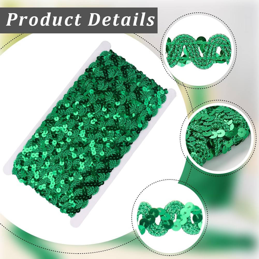 12 Yards Green Sequin Trim Flat Sequins Beaded Strip Rick Rack Wave Gimp Woven Braid Trim Metallic Glitter RIC Rac Braid Fabric Ribbon for Sewing Making Crafts Clothes Dress Costume Supply