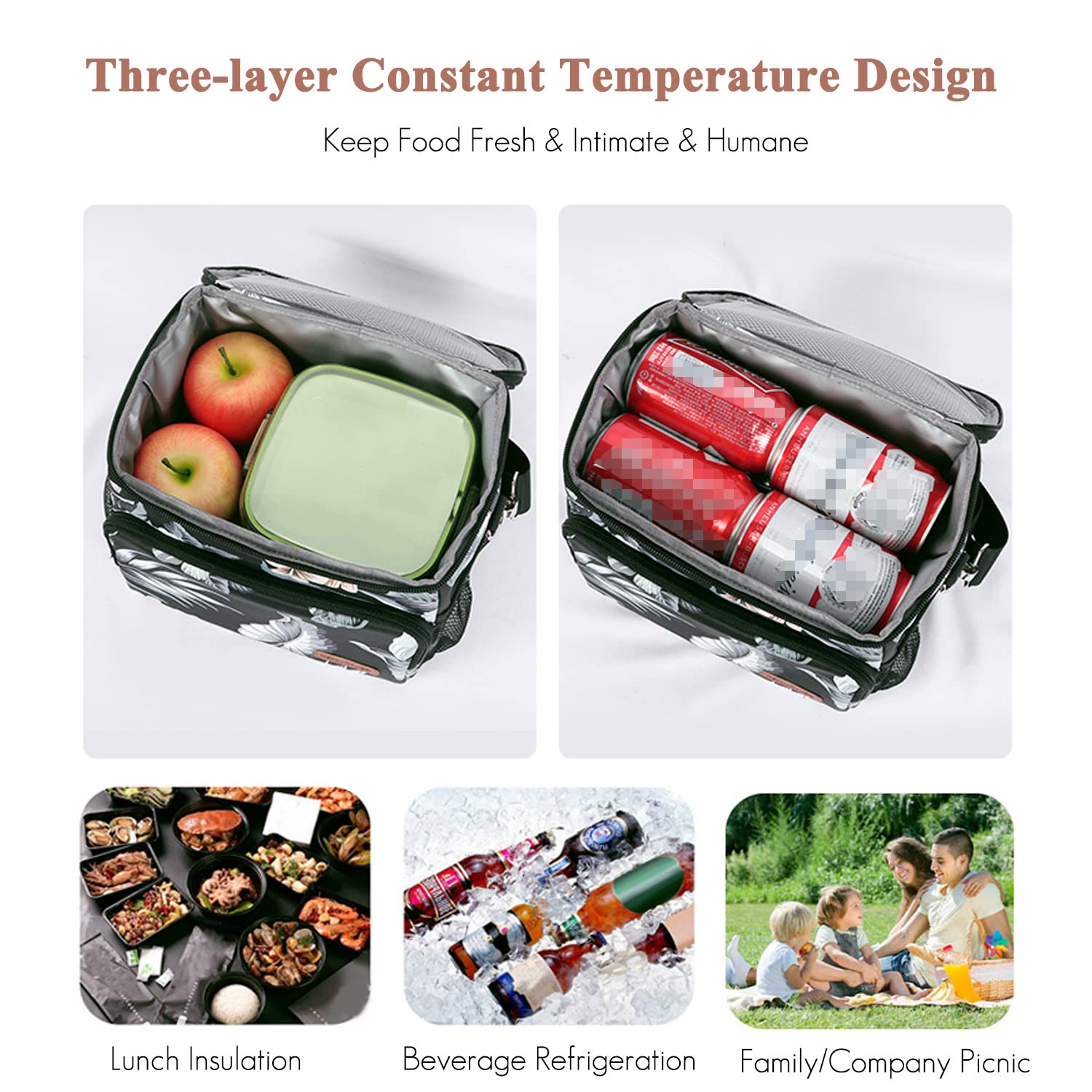 FANDARE Moda Bolsa Isotermica de Almuerzo Nevera Portatil Bolsa Térmica Comida Termica Porta Alimentos Correa Portatil para Adulto Niños Bolsa Nevera Oficina Escuela Viaje Lunch Bag Poliéster Negro A