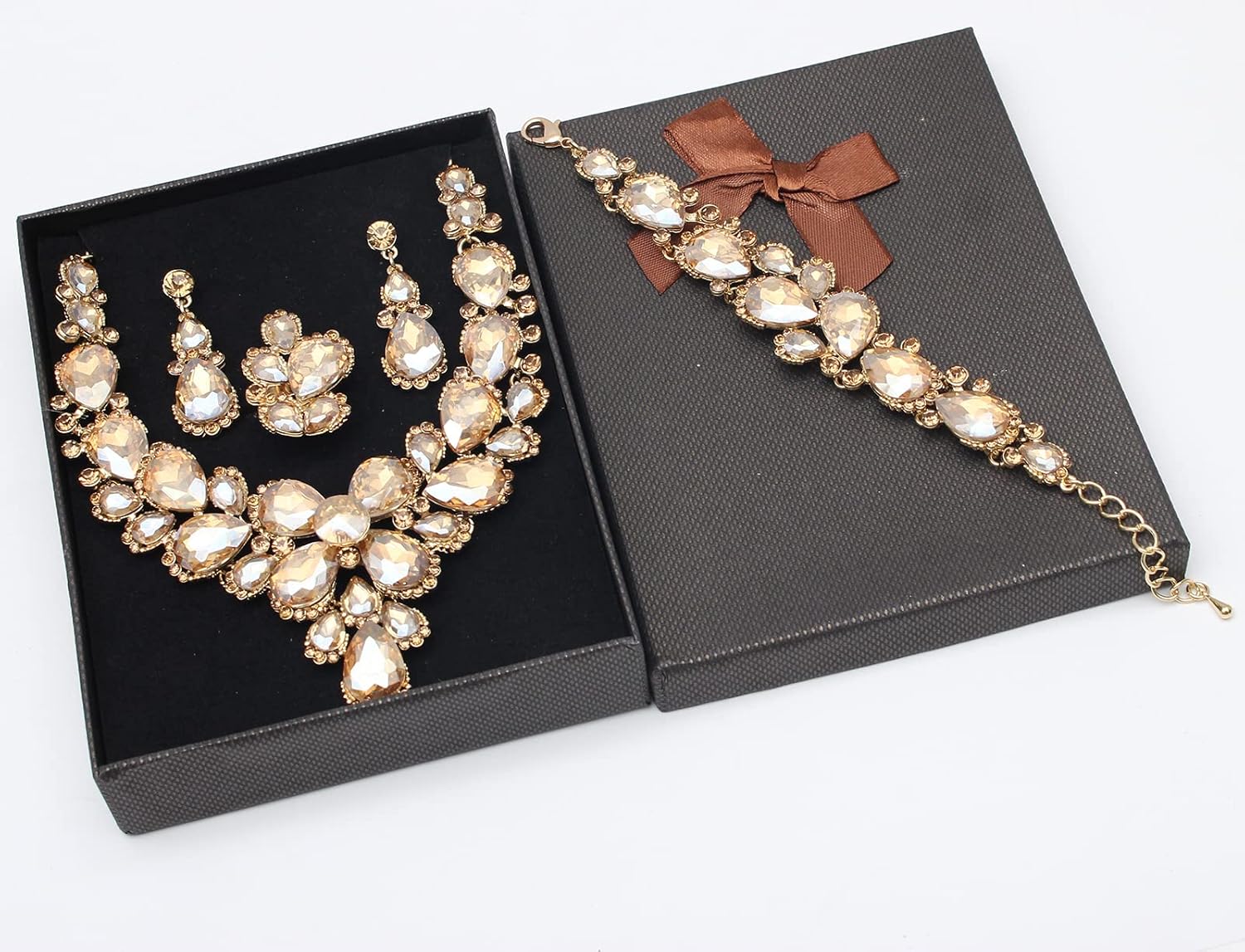 Women's Wedding Bridal Austrian Crystal Glass Teardrop Statement Necklace Dangle Earrings Bracelet Ring Wedding Party Jewelry Set for Bridal Bridesmaid - Image 7