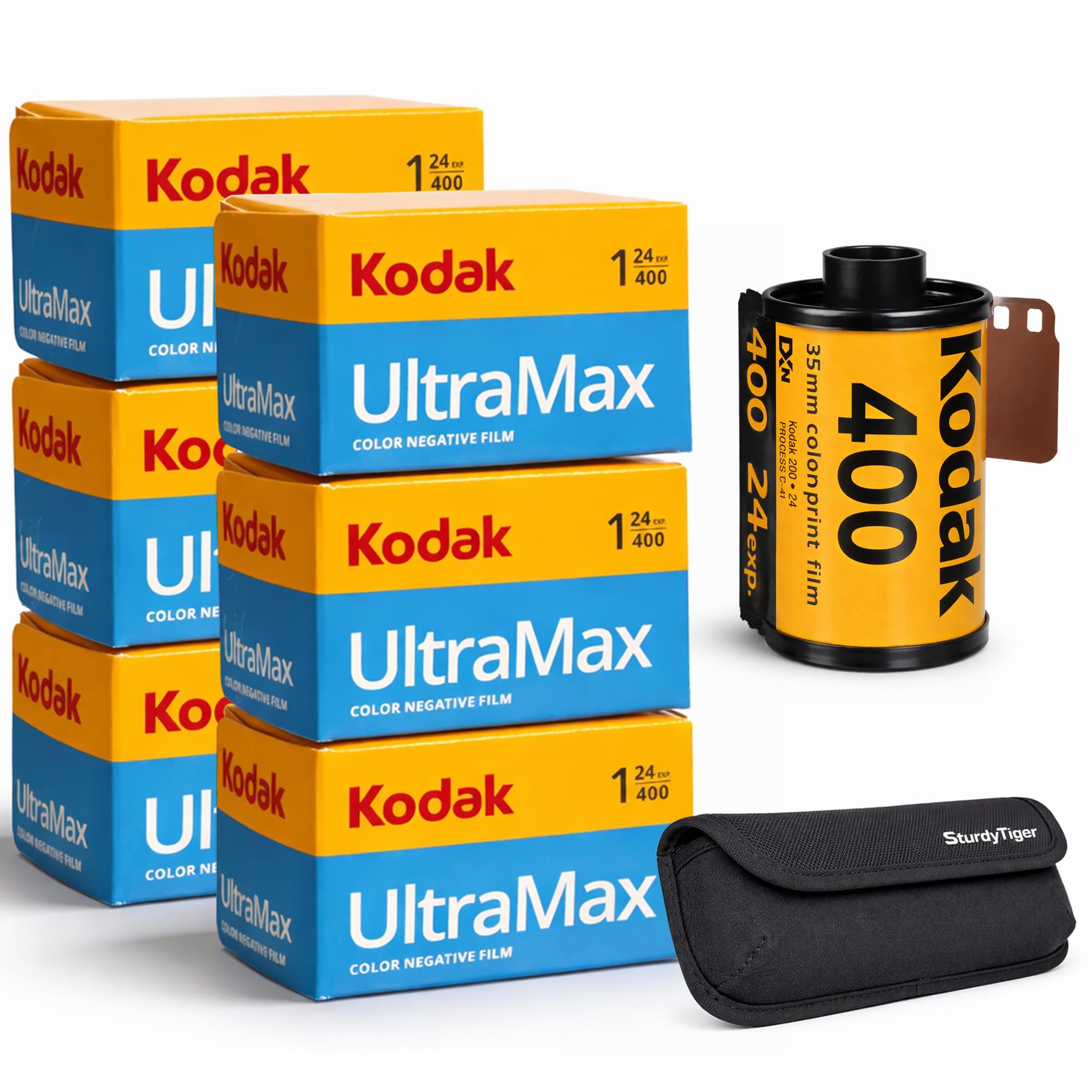 Kodak Ultramax 400 35mm Film Roll (24 Exposures)  6 Rolls + Sturdy Tiger Film Storage Case, Black