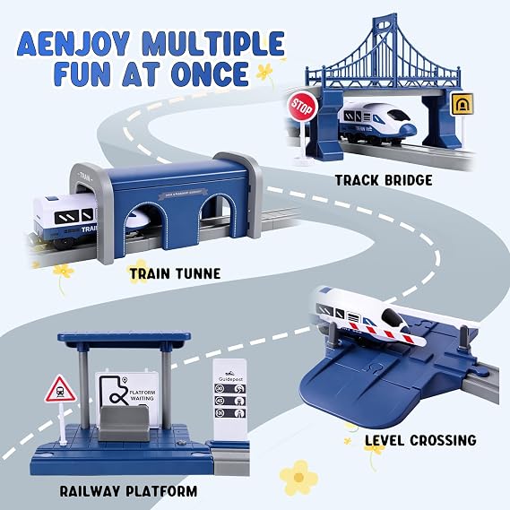 Wdmiya Train Sets for Boys 4-7, 104 Pcs Battery Operated Train Set with Tracks(Magnetic Connection), Compatible with Thomas, Brio, Chuggington, Gifts for 3 4 5 6 Years Old (City Blue 104 Pcs)