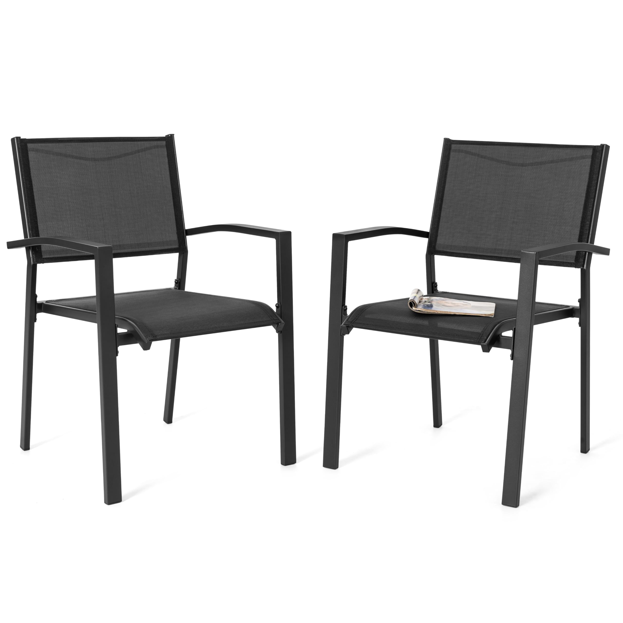 Avestar Ensemble de 2 Chaises de Jardin Extérieur en Textilène Respirant, Fauteuil, Chaises de Table de Jardin, Chaise Empilable pour Toutes Les Conditions Météorologiques, Noir