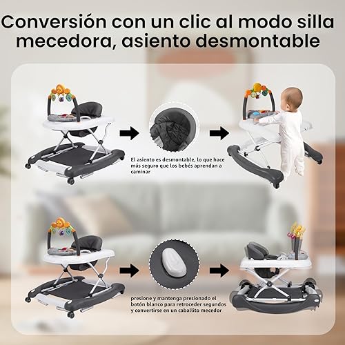 Miniatura 3 de Andador de bebé, 5 en 1 para niños y niñas de 6 a 12 meses con gorila, reposapiés extraíble, bandeja de alimentación y música, caminador