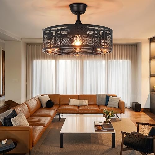 Miniatura 4 de KPIBEST Ventilador de techo rústico sin aspas con luces, ventilador de techo negro de 20 pulgadas, control remoto, motor reversible de 6 velocidades