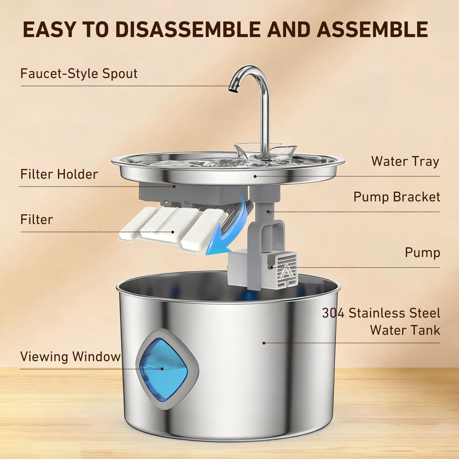 Cat Water Fountain Stainless Steel, 3.2L/108oz Pet Water Fountain for Cats & Small Dogs, Ultra-Quiet Indoor Drinking Fountain - image 3