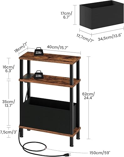 Miniatura 3 de Juego de 2 mesas auxiliares con estación de carga, mesa auxiliar estrecha para espacios pequeños, mesita de noche delgada con canasta, mesita de