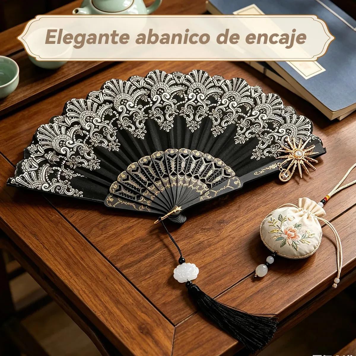 Vintage Lace Folding Hand Fan with Rose Pattern, Elegant Handheld Fan for Weddings, Parties, Dance, Cosplay, Photo Props, Set of 4 (White, Pink, Black) image 2