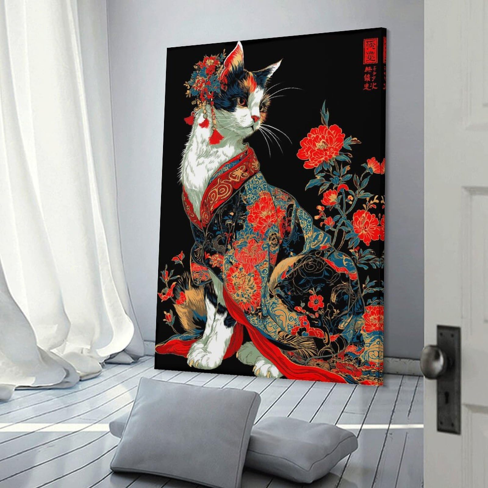 Junmoney Decorative Wall Artwork Cat in Kimono with Floral Adornments, 20x30inch(50x75cm), for Calm Bedrooms, Home Corners Or Flats, An Easy Wall Refresh for Bedrooms