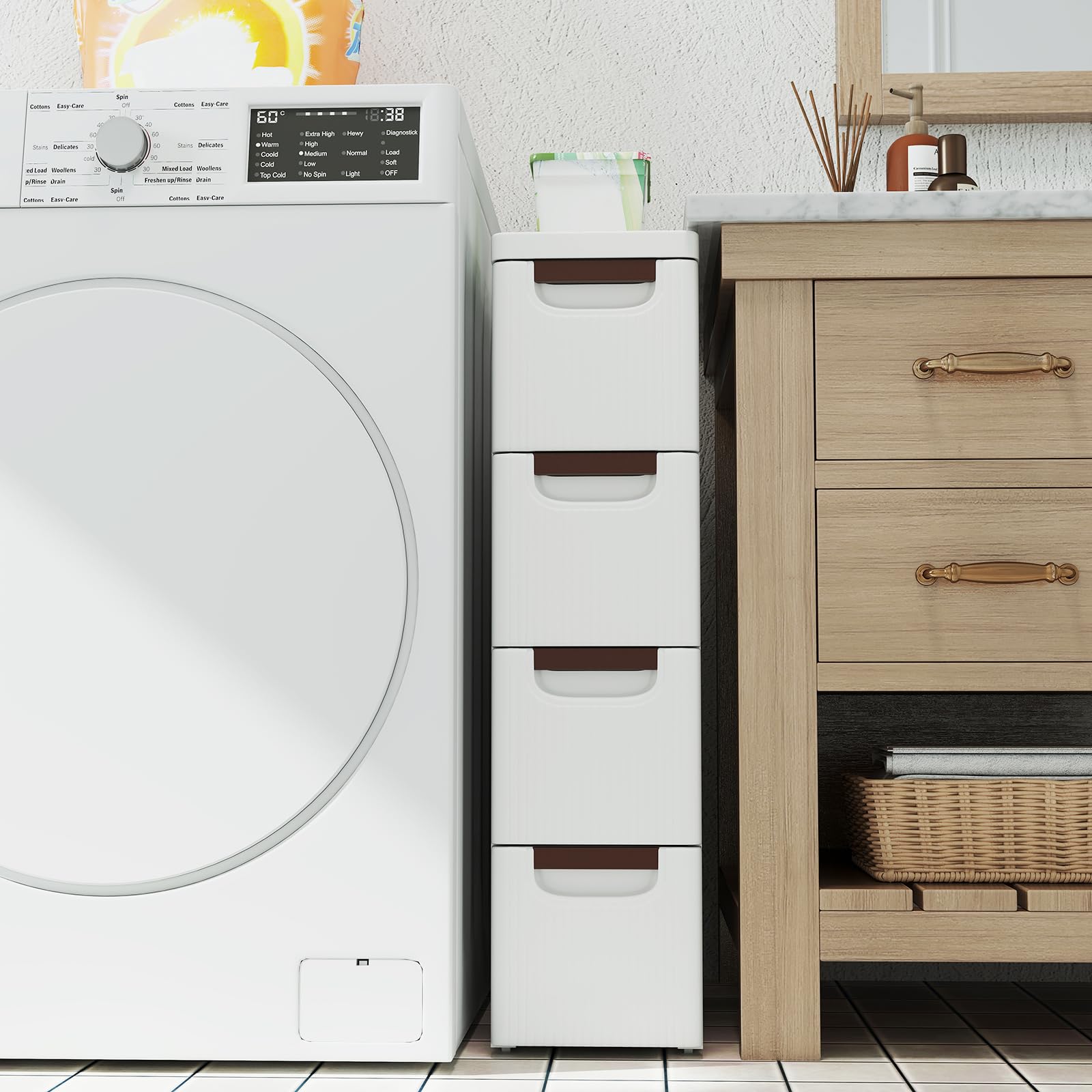 GIANTEX Mobiletto Stretto con Ruote, Carrello e Organizzatore Slim con 3/4/5/6 Cassetti per Spazi Piccoli, Cassettiera di Plastica per Soggiorno, Bagno, Cucina, Bianco (42 x 19 x 74 cm)