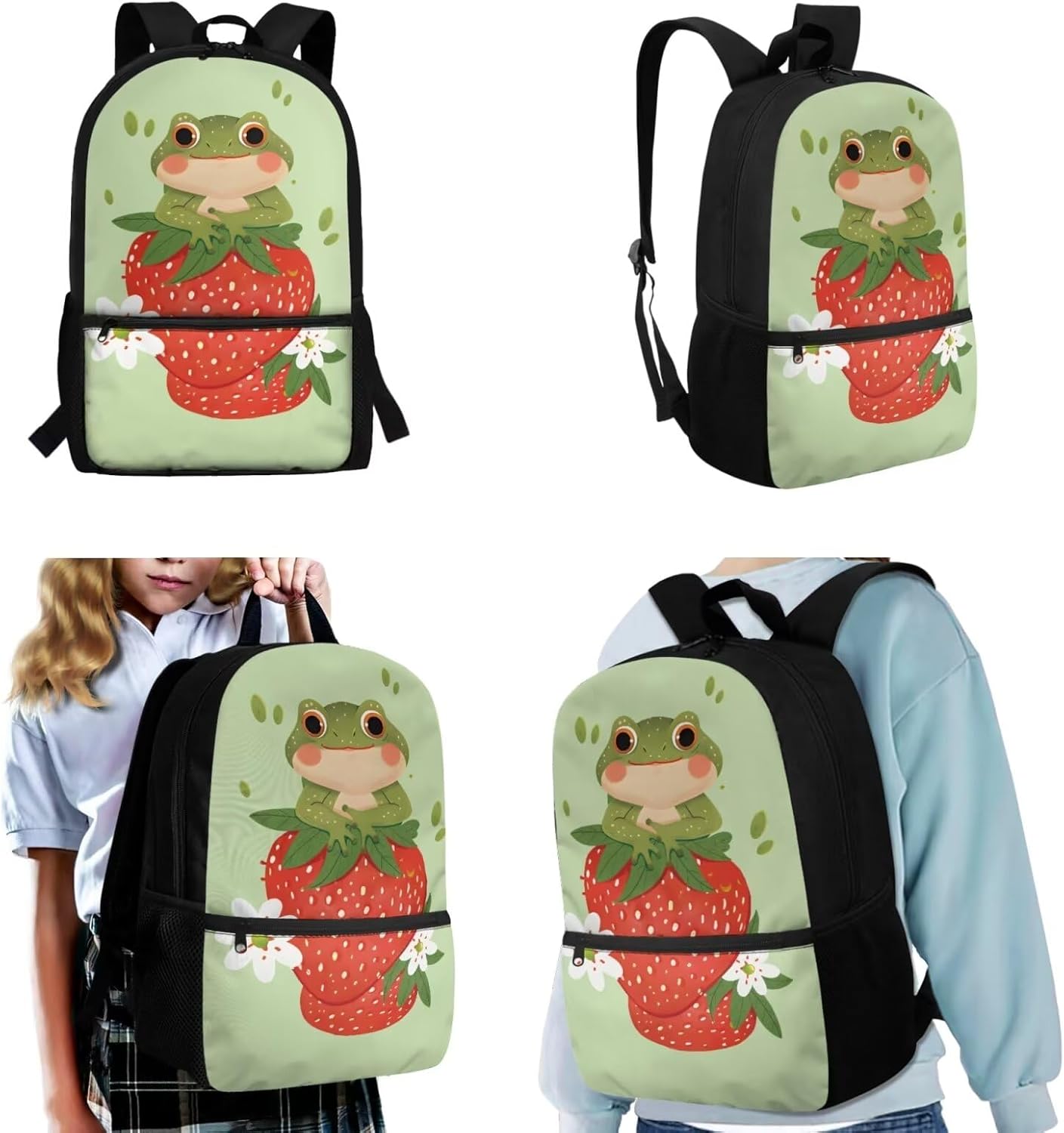 Frog Little Girls Backpack and Lunch Box Set with Pencil Case 6-8 Kids Cute Schoolbags Strawberry Large Capacity Travel Duffel Bag Casual Daypacks Rucksack for Kindergarten Pre-school