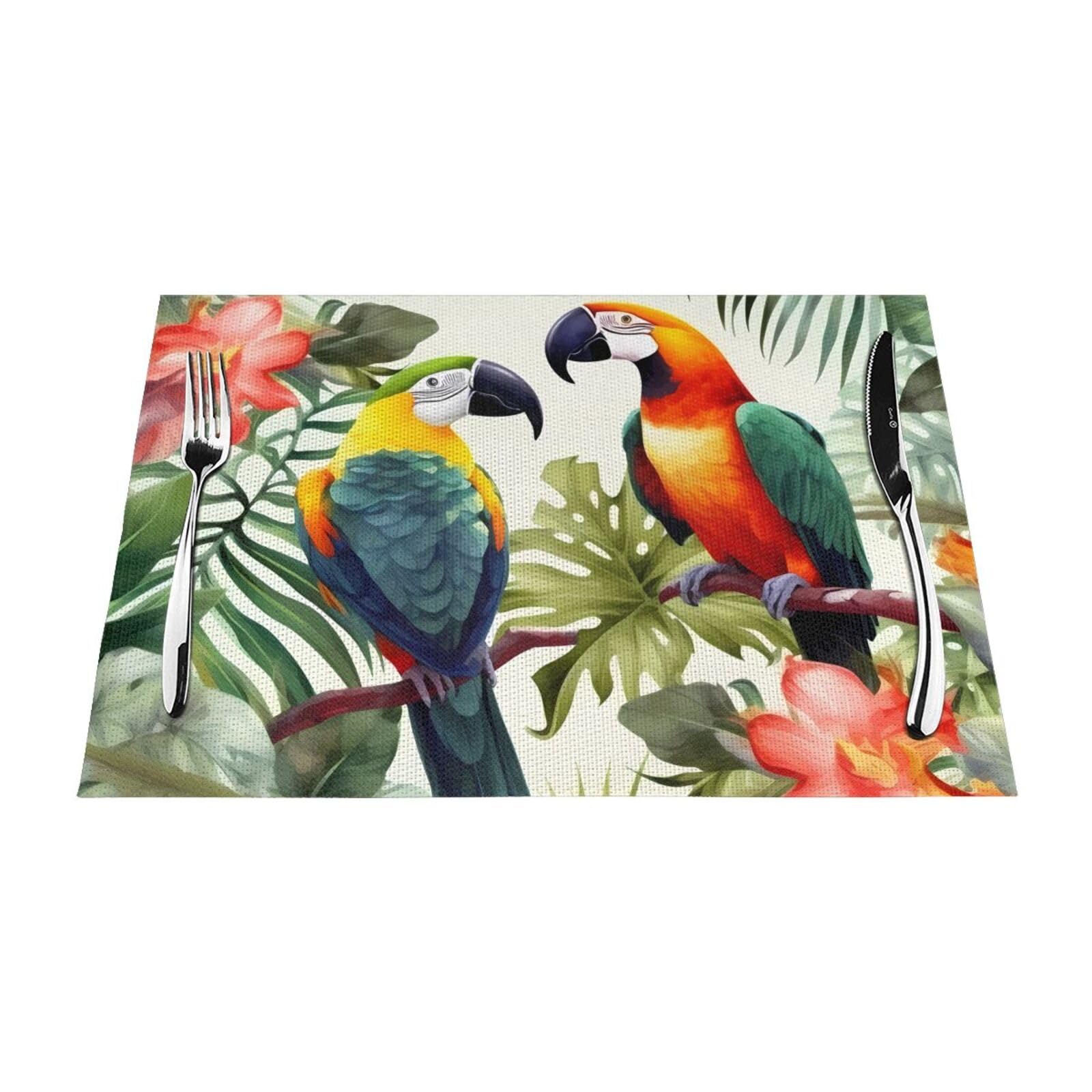Toucans Parrot Palm Tree Leaves Placemats Set of 1 - Woven Vinyl Kitchen Table Placemats - Heat Resistant Non-Slip Place Mats for Dining Table, Washable Indoor Outdoor Table Mats 12x18 Inch