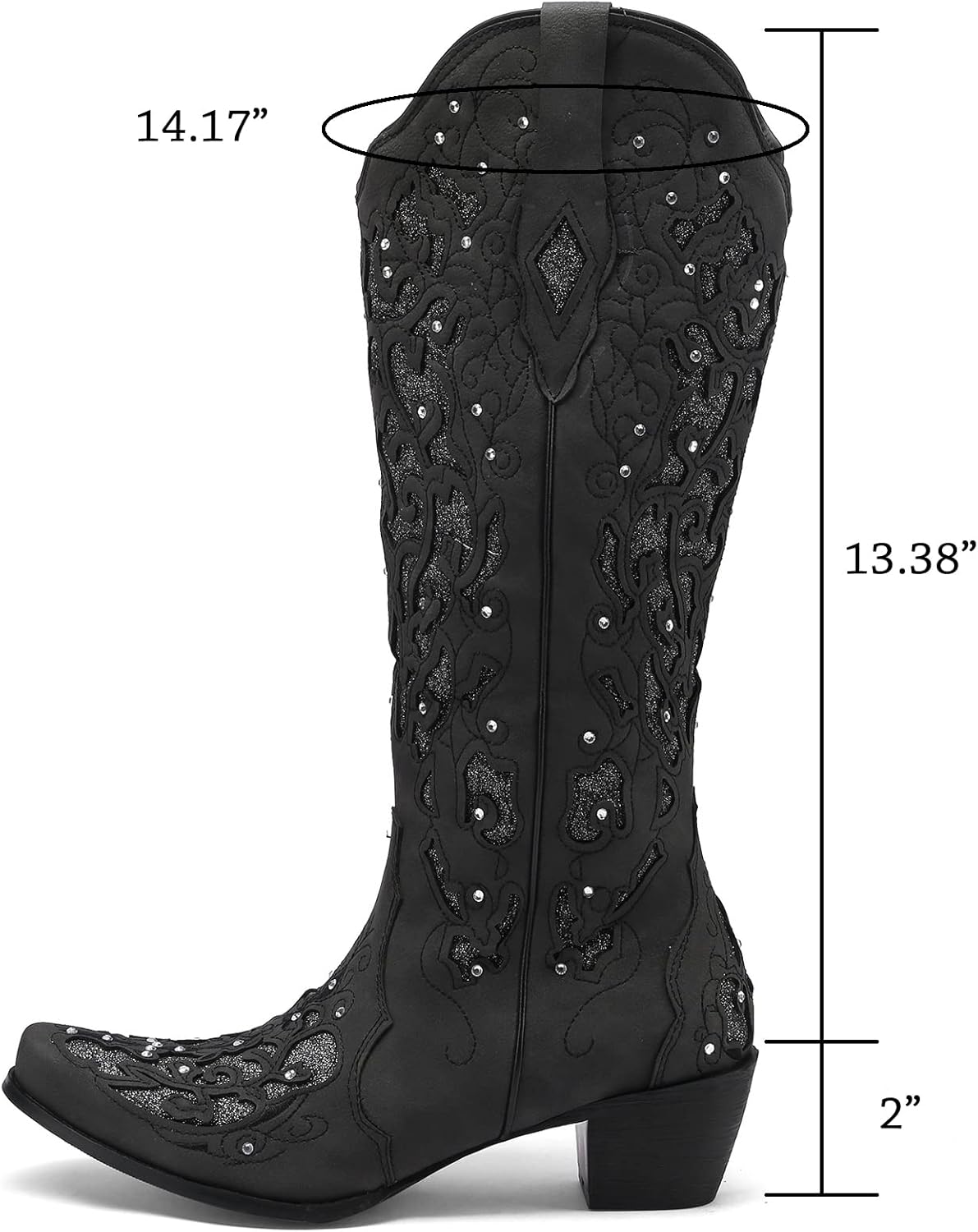 Kluolandi Cowboy Boots for Women Wide Calf Western Knee High Boots with Rhinestone Chunky Heel Embroidered Cowgirl Boots