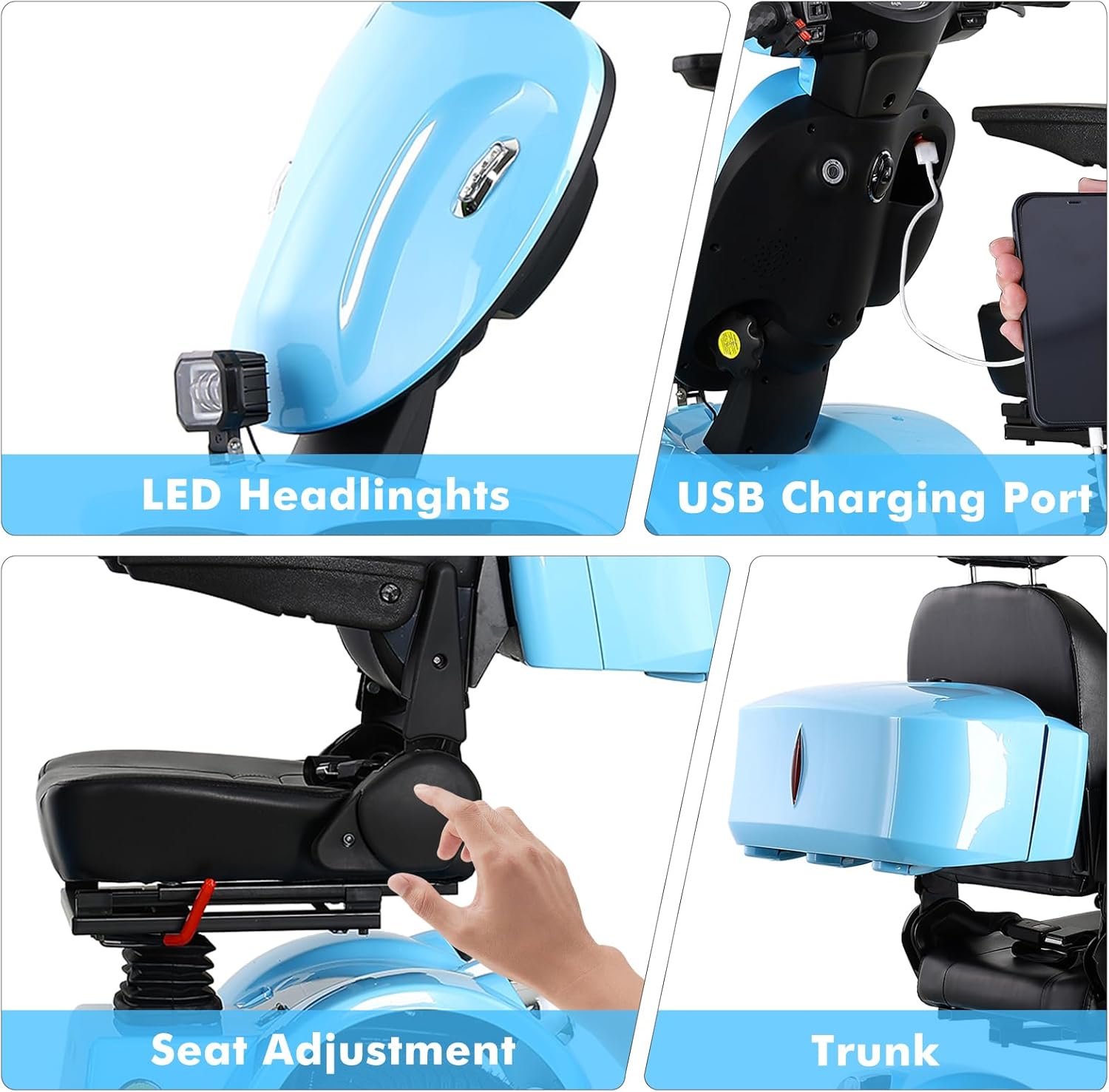Images highlighting LED Headlights, USB Charging Port, Seat Adjustment mechanism, and the rear Trunk storage.