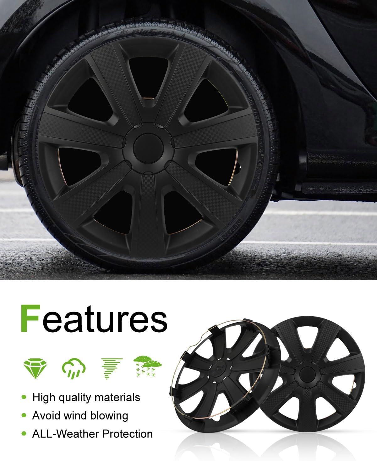 SCITOO Quick-Install 16-Inch Black hubcaps (Set of 4) for Cars, Trucks, SUVs, Universal Compatibility, Elegant & Rust-Proof