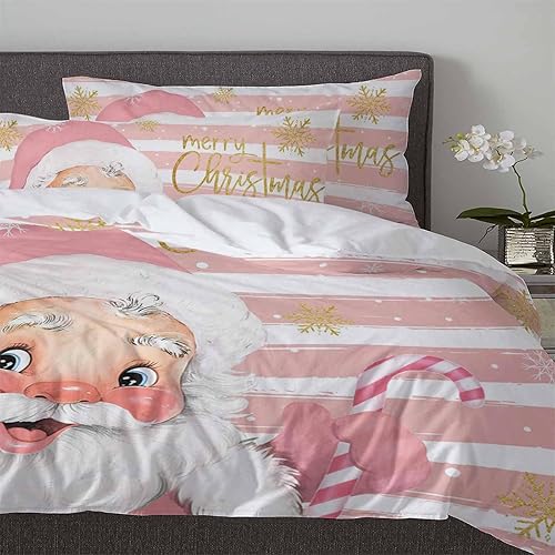 Miniatura 4 de Juego de ropa de cama de Navidad de 3 piezas de Papá Noel rosa, tamaño Queen, juego de funda de edredón suave con cierre de cremallera, juego de