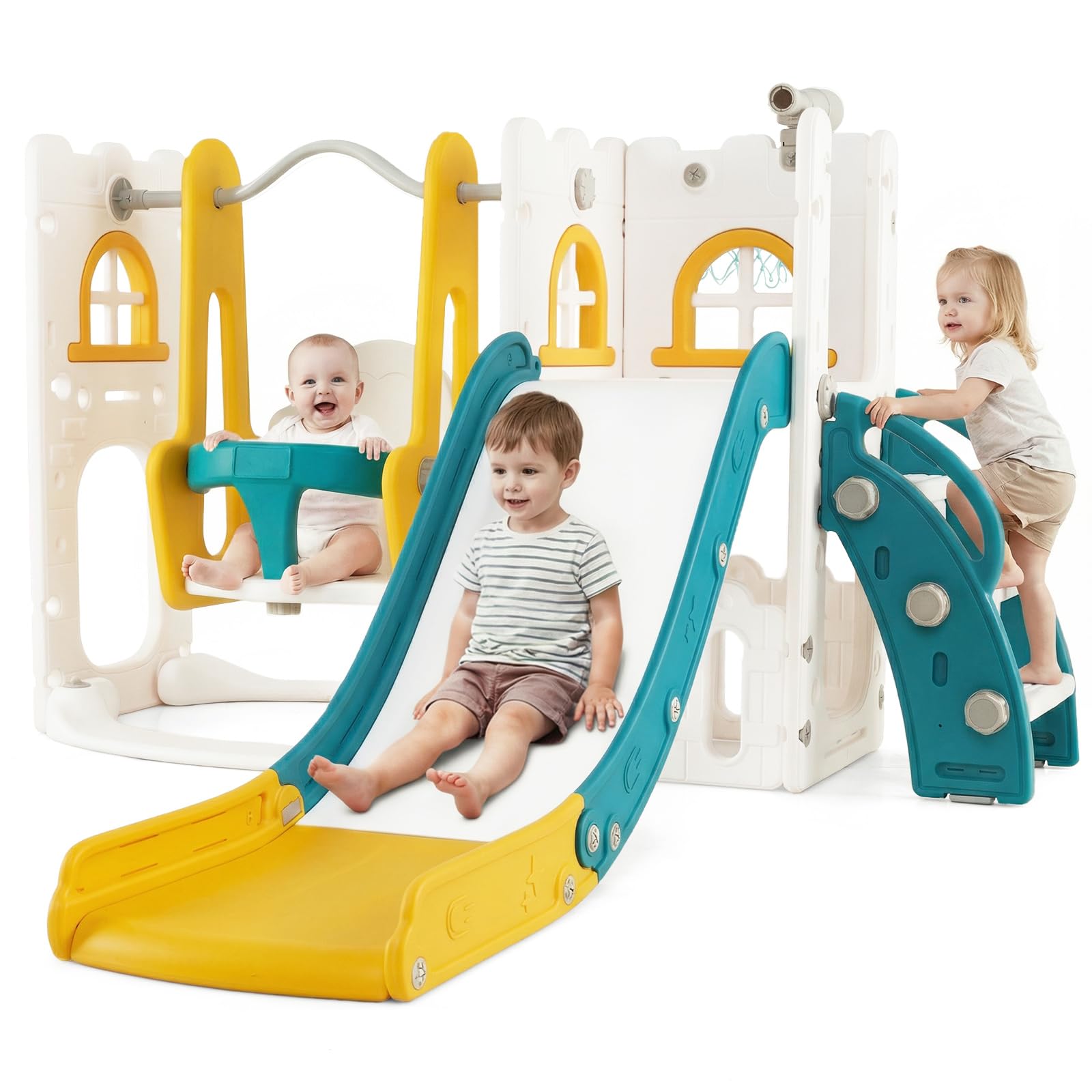 OLAKIDS Toddler Slide and Swing Set, 7 in 1 Kids Indoor Outdoor Playground with Telescope Toy Storage, Climber Basketball Hoop, Ideal Gift for Girls Boys Aged 1+ (Yellow)