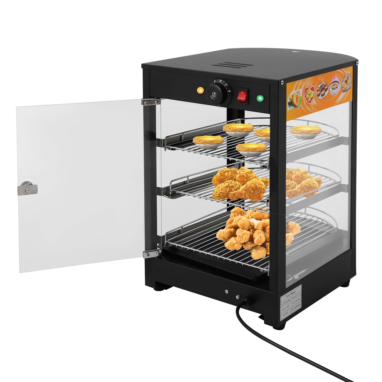 800 W 3 pisos calentador de alimentos eléctrico, 30 – 85 ℃ | Vitrina caliente para cafés, panaderías, tiendas de comestibles, 35 x 42 x 52 cm, color negro