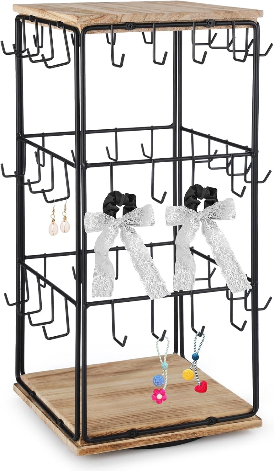 3-Tier Rotating Jewelry Display Stand with 48 Hooks, Wooden Top & Bottom, Metal Organizer for Earrings, Necklaces, Bracelets, and Hairbands