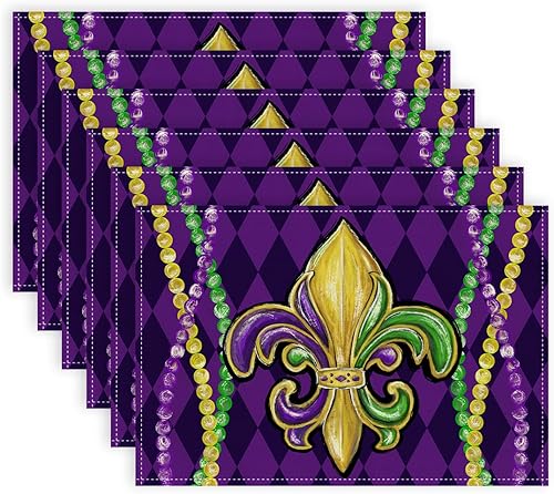 ARKENY Juego de 6 manteles individuales de Mardi Gras de 12 x 18 pulgadas, diseño de flor de Lis morado de temporada con diseño de enrejado de