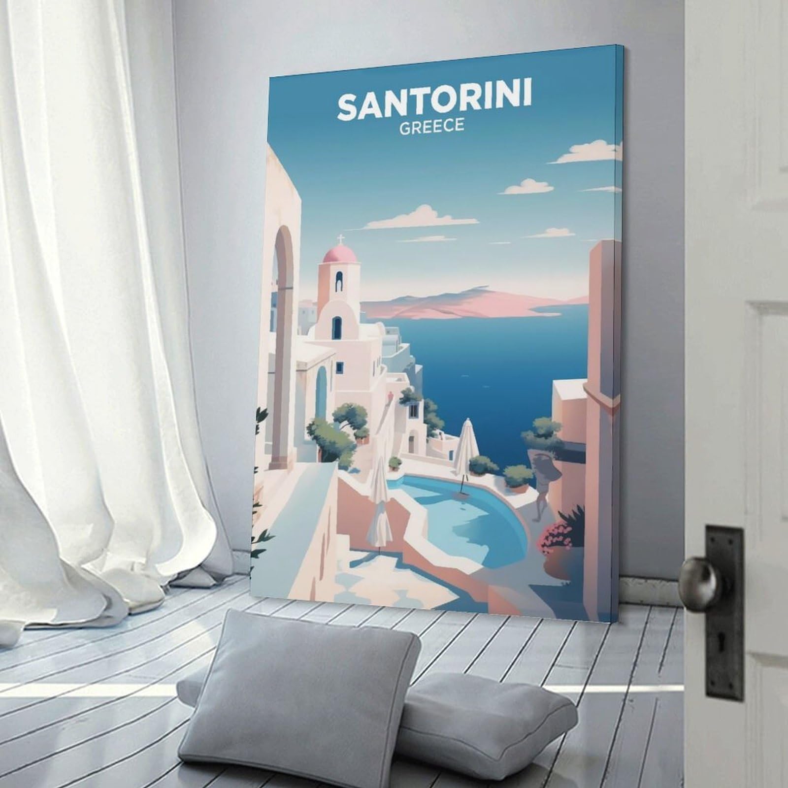 Junmoney Canvas Wall Art Santorini Greece Travel, 24x36inch(60x90cm), for Lounge Decor, Bedroom Walls Or Flats, A Home Accent with Warm Character