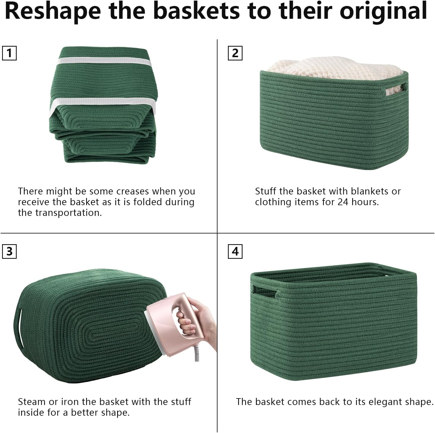 OIAHOMY 4 Pack Storage Baskets for Organizing, Cube Storage Bins for Shelves, Rectangle Storage Baskets With Handles, Woven Baskets for Storage, 12.7''Lx9''Wx7.8''H, Green