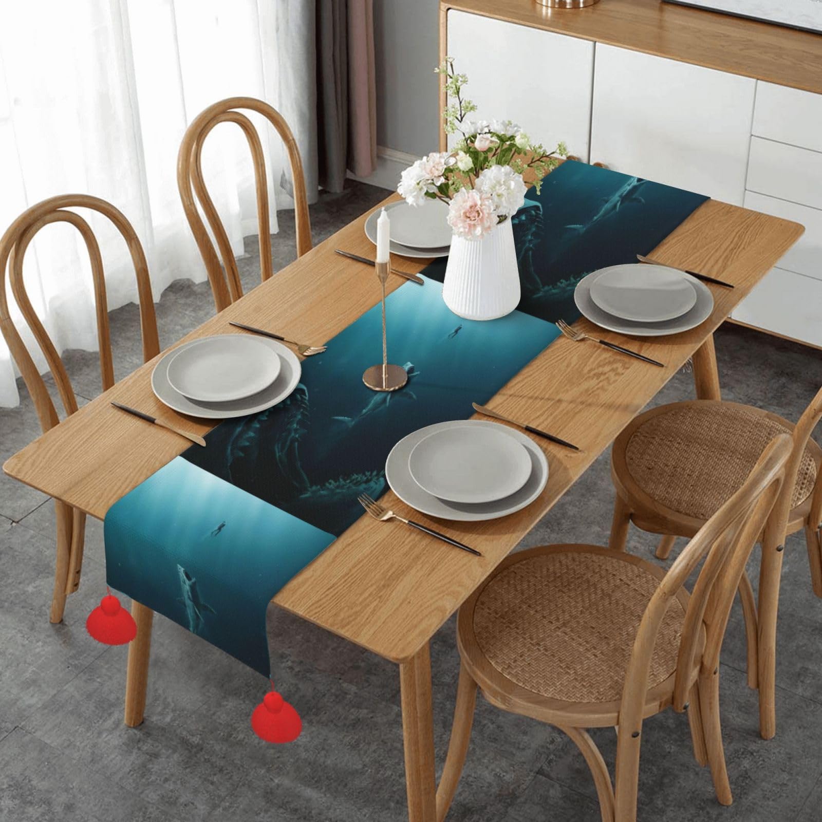Chemin de table de Noël requin festif, nappe décorative intérieure et extérieure pour repas