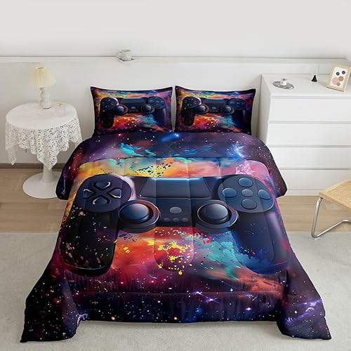Miniatura 11 de Feelyou - Juego de edredón para niños gamers tamaño individual, juego de ropa de cama de estilo Galaxy Gaming con purpurina, juego de edredón para