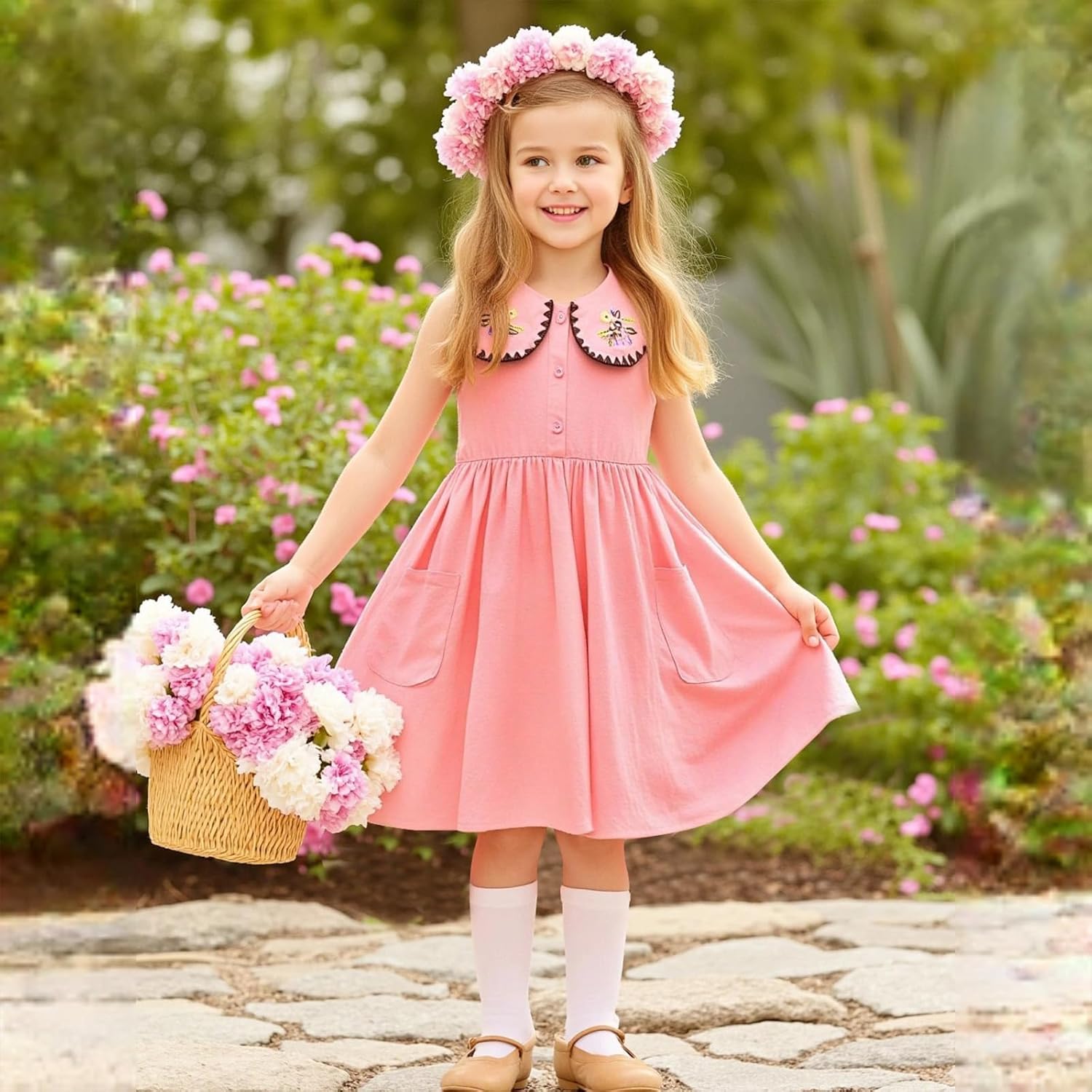 Little Bitty Girls Cotton Embroidered Peter Pan Collar Sleeveless Summer Party Birthday Sunshine A line Dress 2-6 Years - Image 3