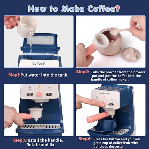 Miniatura 3 de Cafetera para niños con efecto realista de luz y sonido, juguetes de cocina con tazas de café de dona de postre, juego de accesorios de comida para
