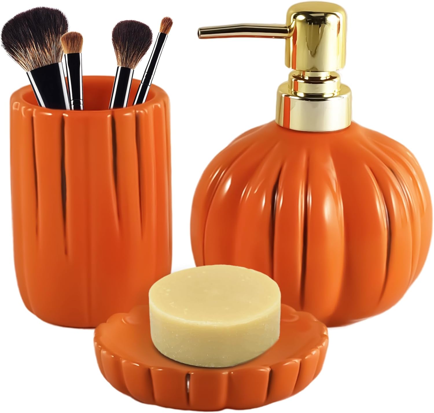 Halloween Pumpkin Bathroom Accessories Set, 3PC Ceramic Bathroom Sets Complete, Toothbrush Holders, Soap Dispenser, Soap Dish, Fall Orange Bathroom Decor, Bathroom Organizer for Countertop Embossed Pumpkin-Orange