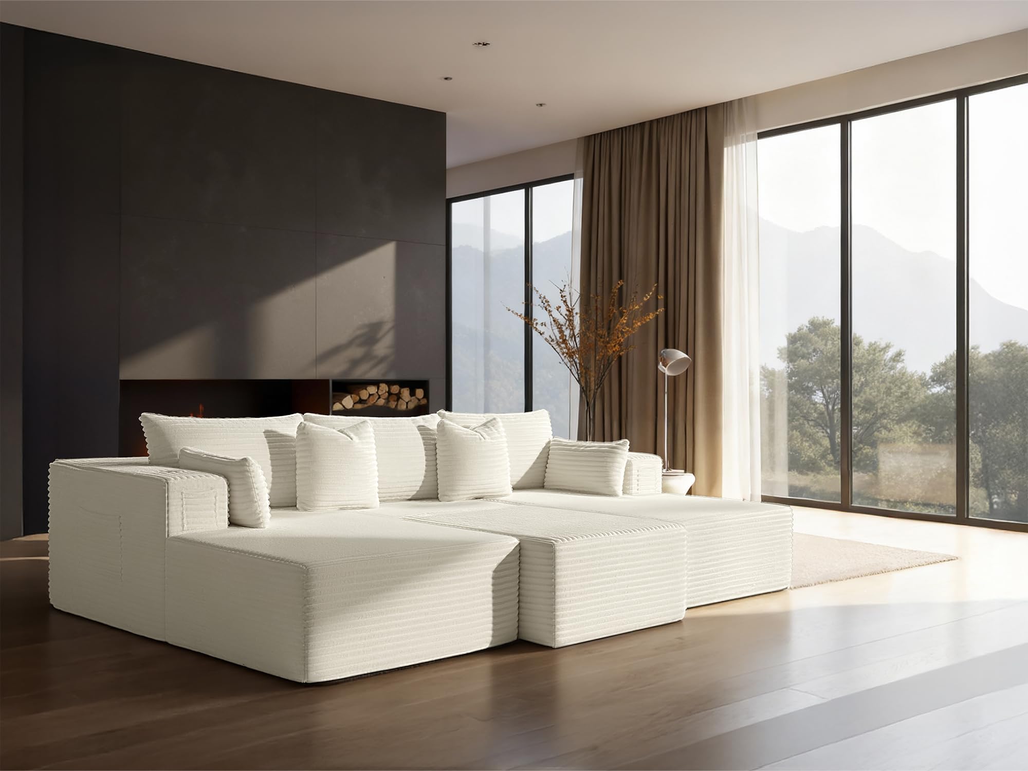 108" Cloud Sectional Couch, Comfort Sleep Sofa for Living Room, Extra Deep Seats No Assembly, Minimalist Modular Couch, Corduroy (Cream, Widen Loveseat Chaise)