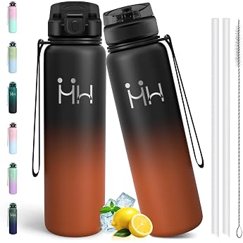 Motswedi Stainless Steel Water Bottle 1 Litre Leak-Proof Thermos Flask Water Bottle with Straw Insulated Bottle with 6 Straws Water Bottle 1 L for Fitness Travel Hiking Black