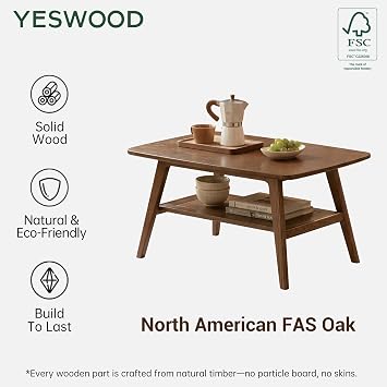Solid Wood Coffee Table with Shelf, 80*50*44 (Oak, Walnut Finish)