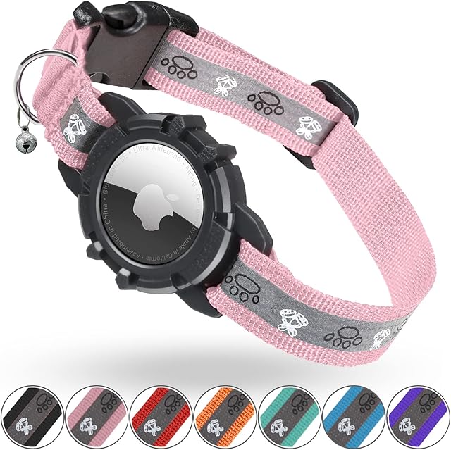 Reflective Airtag Cat Collar, JIARUI Integrated Apple Airtag Cat Collar, GPS Cat Tracker Collar with Airtag Holder and Bell, Lightweight Cat Tracker Collar for Kittens and Puppies [Pink] [S]