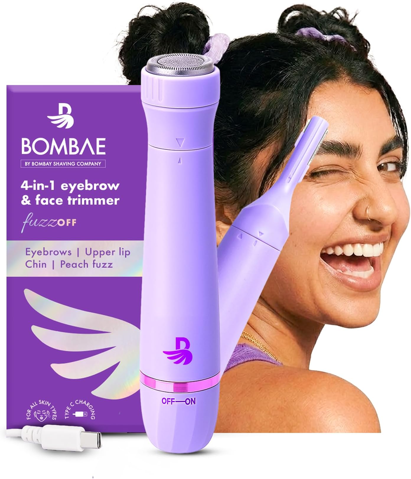 Bombae 4-in-1 facial hair and eyebrow trimmer for women | Eyebrow and facial hair remover attachment | For upperlips, sideburns, chin | No pain, 1 year warranty